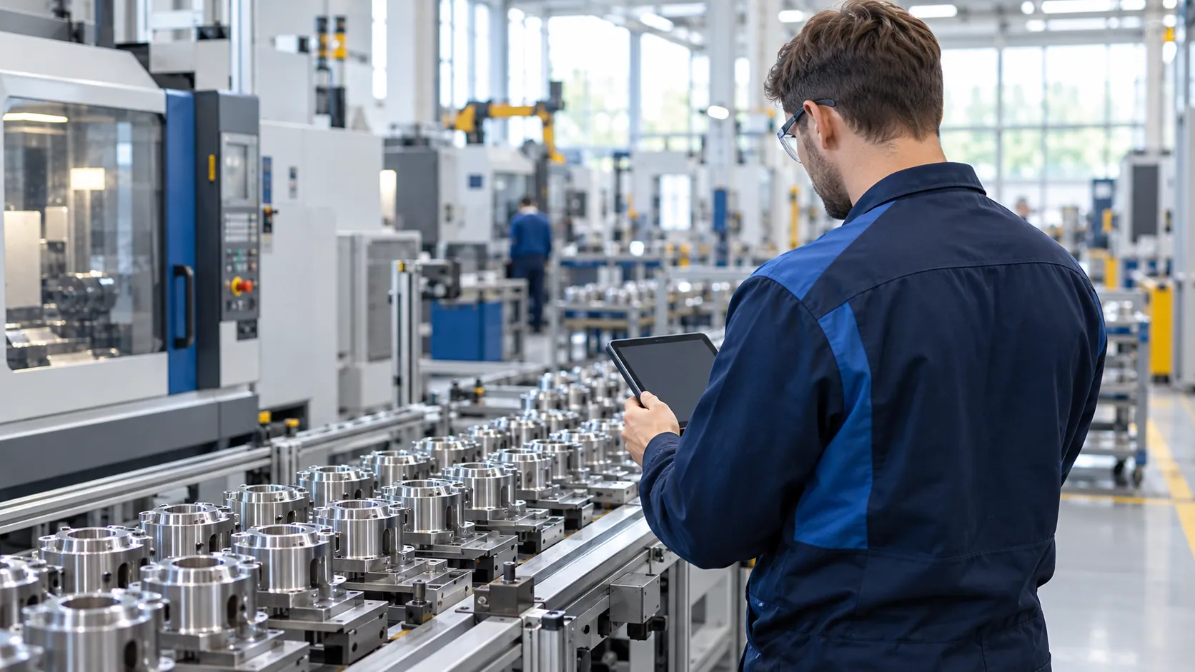 Medewerker voert met een tablet een kwaliteitscontrole uit in een fabriek