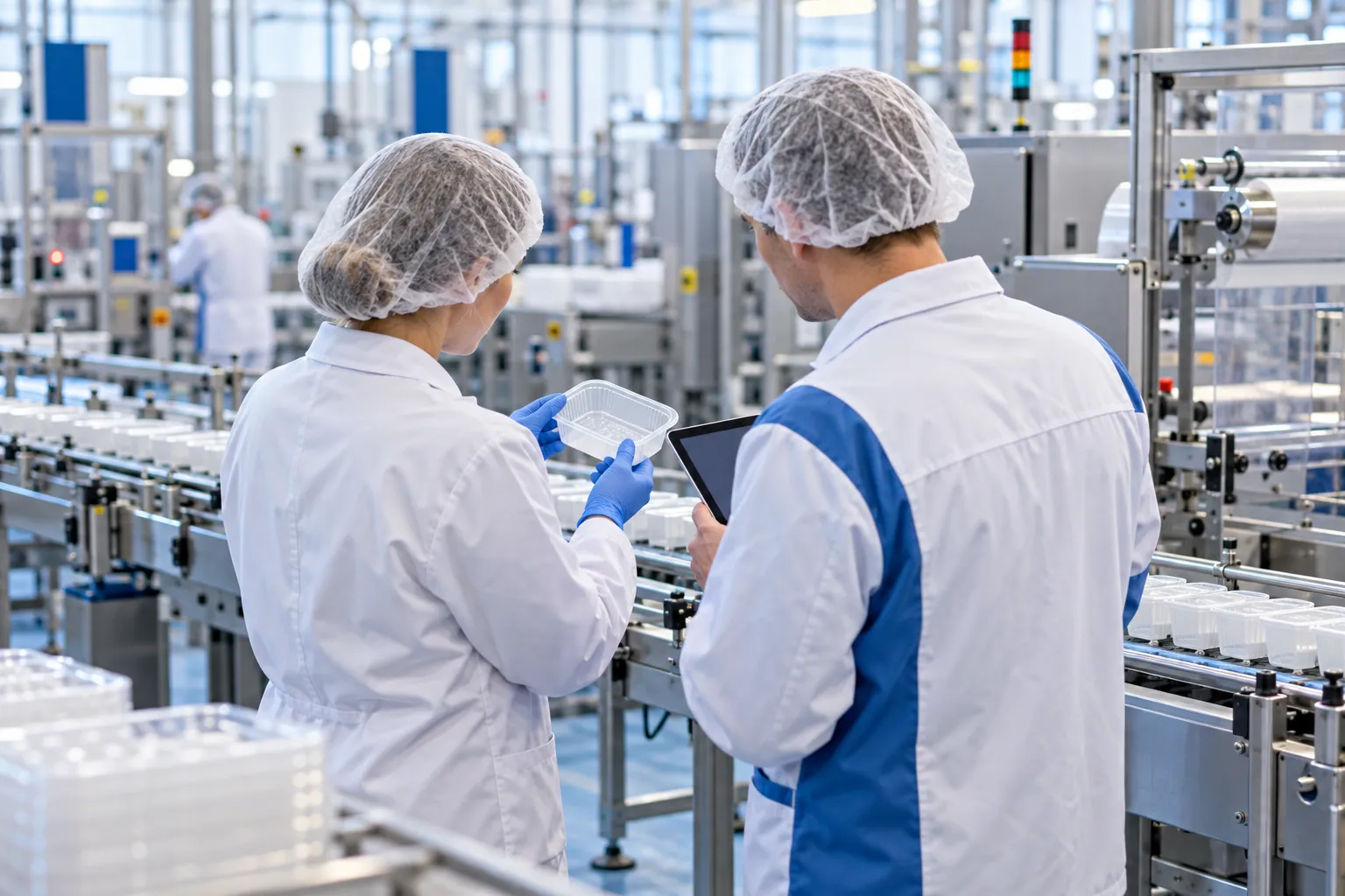 Kwaliteitsmedewerkers controleren een productielijn met een tablet