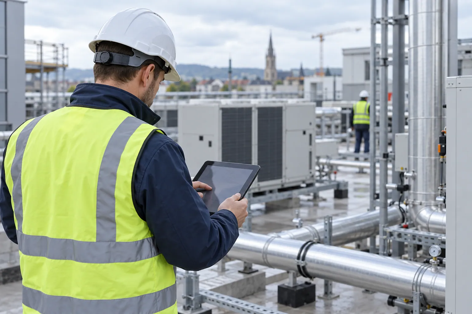 Medewerker gebruikt een tablet bij een kwaliteitscontrole op locatie